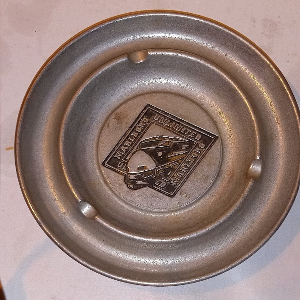 Vintage Round Metal Grey Marlboro Unlimited Ashtray Advertising Very Clean.
